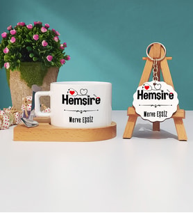 Hemşire Ahşap Altlıklı Fincan ve Anahtarlık Seti