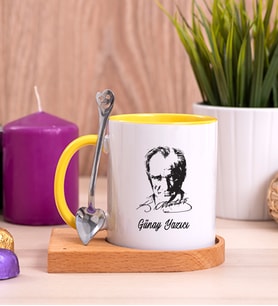 Atatürk Siluetli Ahşap Altlıklı Sarı Kupa Bardak
