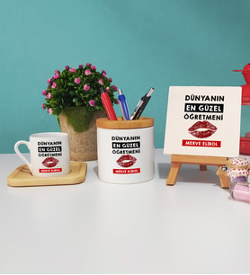 Dünyanın En Güzel Öğretmeni Ahşap Altlıklı Türk Kahvesi Fincanı Kalemlik Dekoratif Taş Baskı Seti