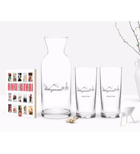 BK Gift Kişiye Özel Renkli Baskılı Adıyaman Tasarımlı Turistik İkili Rakı Bardağı Karaf ve Cep Kitabı Hediye Seti-1 (Model 1)