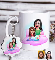 BK Gift Kişiye Özel Anne Kız Karikatürlü Beyaz Kupa ve Anahtarlık Hediye Seti-3 (Model 1)