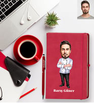 Kişiye Özel Aşçı Karikatürlü Kırmızı Defter Kalem Hediye Seti Bay-5
