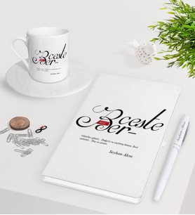 BK Gift Kişiye Özel Mânâ Berceste Beyaz Defter Kalem Türk Kahvesi Fincanı Seti-1 (Model 1)