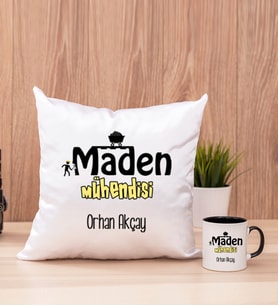 Maden Mühendisi Kare Yastık ve Siyah Kupa Bardak