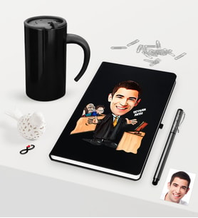 BK Gift Kişiye Özel Bay Avukat Karikatürlü Siyah Defter Kalem ve Termos Mug Seti - 3 (Model 1)