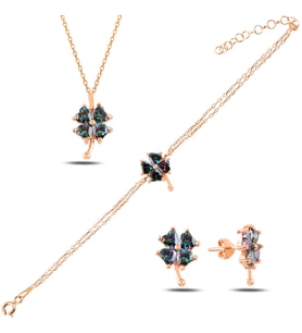 BARIŞ TAKI 925 Ayar Gümüş Rose Mistik Topaz Taşlı Yonca Üçlü Set