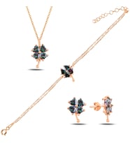 BARIŞ TAKI 925 Ayar Gümüş Rose Mistik Topaz Taşlı Yonca Üçlü Set