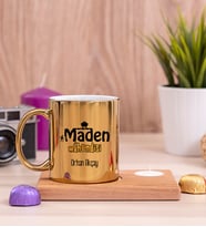 Maden Mühendisi Ahşap Altlıklı Mumlu Gold Kupa Bardak