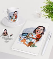 BK Gift Kişiye Özel Bayan Bankacı Karikatürlü Beyaz Defter Kalem Türk Kahvesi Fincanı Seti-1 (Model 1)