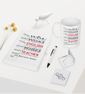 BK Gift Kişiye Özel İngilizce Öğretmeni Temalı Beyaz Defter Kalem Kupa Ayna Seti - 7