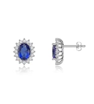 Oval Safir Taşlı Anturaj Beyaz Gümüş Küpe