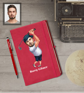 Kişiye Özel Golfçü Karikatürlü  Kırmızı Defter Kalem Hediye Seti Bay-2