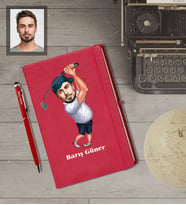Kişiye Özel Golfçü Karikatürlü  Kırmızı Defter Kalem Hediye Seti Bay-2