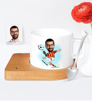 BK Gift Kişiye Özel Futbol Sarı Kırmızı Karikatür Ahşap Altlıklı Seramik Fincan  1