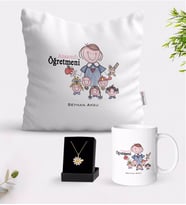 BK Gift Kişiye Özel Anasınıfı Öğretmeni Beyaz Kupa Yastık ve İsimli Papatya Kolye Hediye Seti-2 (Model 1)