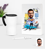 BK Gift Kişiye Özel Bay Doktor Karikatürlü Beyaz Defter Kalem ve Termos Mug Seti - 1 (Model 1)