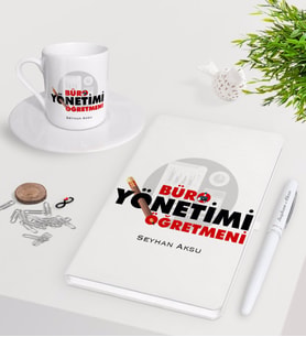BK Gift Kişiye Özel Büro Yönetimi Öğretmeni Beyaz Defter Kalem Türk Kahvesi Fincanı Seti (Model 1)