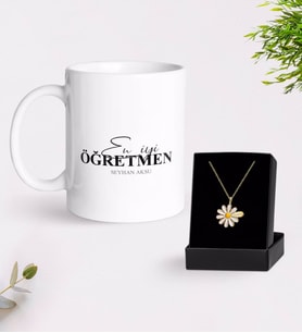 BK Gift Kişiye Özel En İyi Öğretmen Kupa Ve Papatya Kolye Hediye Seti-16 (Model 1)