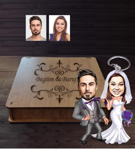 Kişiye Özel Gelin Damat Karikatürlü Ahşap Anahtarlık Kutulu  Mod-6