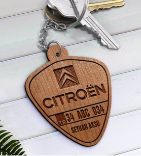 BK Gift Kişiye Özel İsimli Plakalı Citroen Ahşap Anahtarlık-1 (Beyaz)