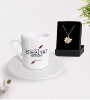 BK Gift Kişiye Özel Edebiyat Öğretmeni Türk Kahvesi Fincanı ve İsimli Papatya Kolye Hediye Seti-5 (Model 1)