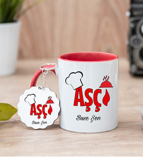 Aşçı Kırmızı Kupa Bardak Ve Anahtarlık Set