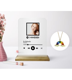 BK Gift Kişiye Özel Fotoğraflı Spotify Barkodlu Plak ve Çift Harfli Bulut Kolye Seti-1