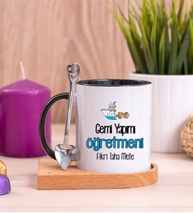 Gemi Yapımı Öğretmeni Ahşap Altlıklı Siyah Kupa Bardak