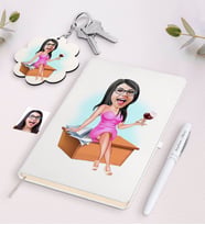 BK Gift Kişiye Özel Kadın Patron Karikatürlü Beyaz Defter Kalem ve Anahtarlık Hediye Seti-4 (Model 1)