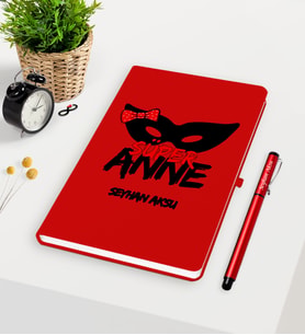 BK Gift Kişiye Özel Süper Anne Kırmızı Defter Kalem Seti - 1