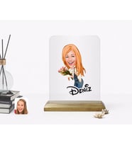 BK Gift Kişiye Özel Kadın Karikatürlü Ahşap Standlı Çerçeve-13 (Beyaz)