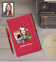 Kişiye Özel Yılbaşı Bayan Karikatürlü Kırmızı Defter Kalem Hediye Seti Model-1