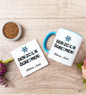 Denizcilik Öğretmeni Mavi Kupa Bardak Ve Bardak Altlığı Seti