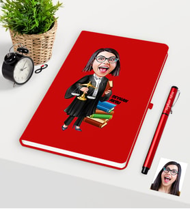 BK Gift Kişiye Özel Bayan Avukat Karikatürlü Kırmızı Defter Kalem Seti - 2