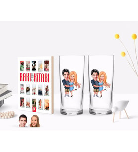 BK Gift Kişiye Özel Renkli Baskılı Sevgililer Karikatürlü İkili Rakı Bardağı ve Rakı Cep Kitabı Hediye Seti-14 (Model 1)