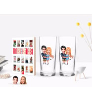BK Gift Kişiye Özel Renkli Baskılı Sevgililer Karikatürlü İkili Rakı Bardağı ve Rakı Cep Kitabı Hediye Seti-14 (Model 1)