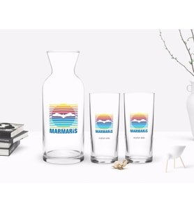 BK Gift Kişiye Özel Renkli Baskılı Marmaris Tasarımlı Turistik İkili Rakı Bardağı ve Karaf Hediye Seti-1 (Beyaz)