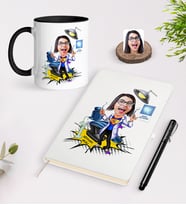 BK Gift Kişiye Özel Bayan Diş Hekimi Karikatürlü Beyaz Defter Kalem Siyah Kupa Seti-1 (Model 1)