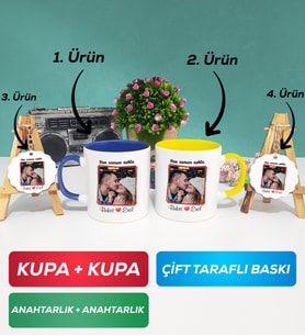 İkili Lacivert Sarı Sevgiliye Sevgililer Günü Hediyesi 9 Kupa Bardak Anahtarlık