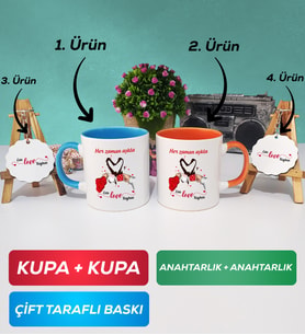İkili Mavi Turuncu Sevgiliye Sevgililer Günü Hediyesi 10 Kupa Bardak Anahtarlık