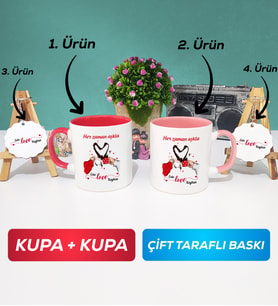 İkili Kırmızı Pembe Sevgiliye Sevgililer Günü Hediyesi 10 Kupa Bardak Anahtarlık