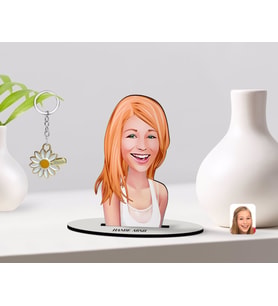 BK Gift Kişiye Özel Kadın Karikatürlü 3D Ahşap Biblo ve İsimli Gold Papatya Anahtarlık-37 (Model 1)