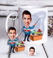 BK Gift Kişiye Özel Bay Öğretmen Karikatürlü Beyaz Kupa ve Anahtarlık Hediye Seti-5 (Model 1)