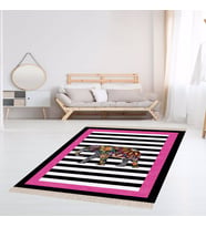 Fil Desenli Etnik Dijital Baskı Yıkanabilir Modern Salon Filli Halı ve Yolluk (Fuşya) (Siyah-Pembe)
