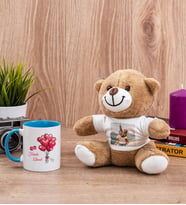 Sevgililere Özel Balon Tasarım Mavi Kupa Bardak ve Peluş Ayıcık