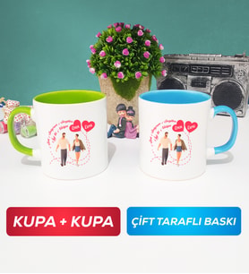 İkili Sevgiliye Sevgililer Günü Hediyesi 4 Kupa Bardak Yeşil Mavi