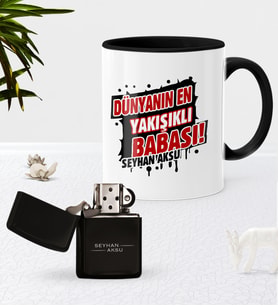 BK Gift Kişiye Özel Dünyanın En Yakışıklı Babası Siyah Kupa Bardak Benzinli Çakmak Seti (Model 1)