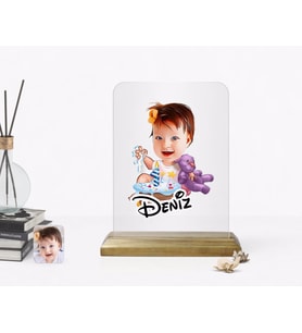 BK Gift Kişiye Özel Bebek Doğum Günü Karikatürlü Ahşap Standlı Çerçeve-2 (Beyaz)
