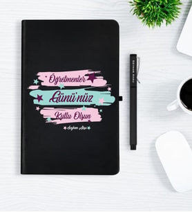 Öğretmenler Gününe Özel Öğretmenler Gününüz Kutlu Olsun Siyah Defter Kalem Hediye Seti - 4