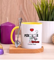 Psikoloji Öğretmeni Ahşap Altlıklı Sarı Kupa Bardak